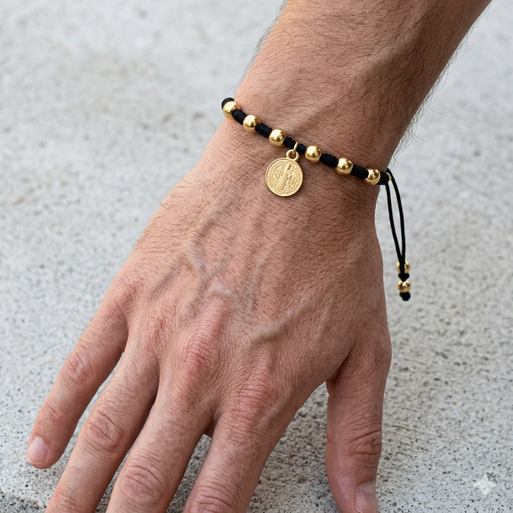Pulsera de hiloSan Benito / Chapa de Oro 14K