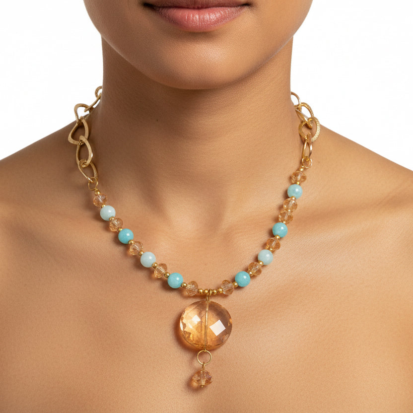 Collar Cristal y piedra natural / Chapa de Oro 14K
