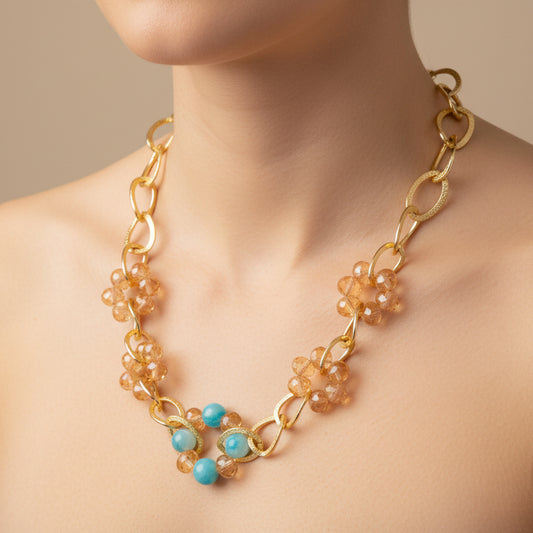 Collar Cristal y piedra natural / Chapa de Oro 14K
