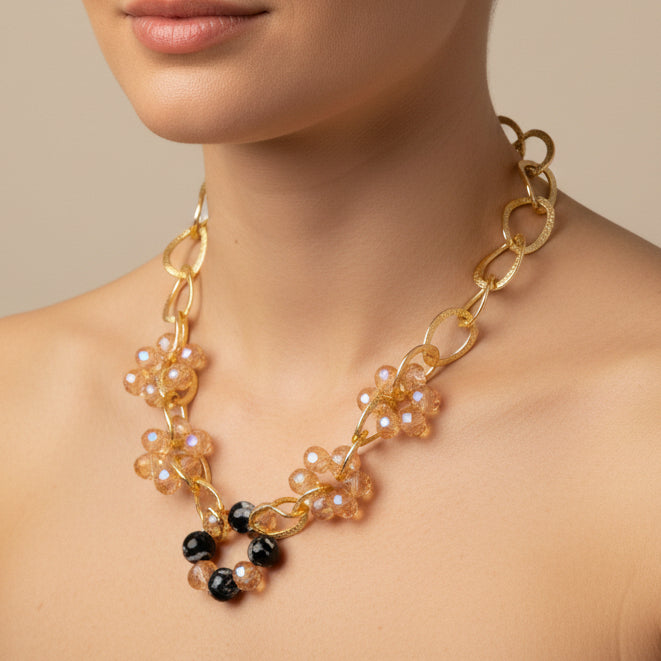 Collar Cristal y piedra natural / Chapa de Oro 14K