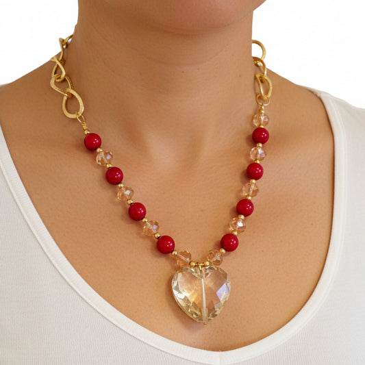 Collar Corazón de Cristal y piedra natural/ Chapa de Oro 14K