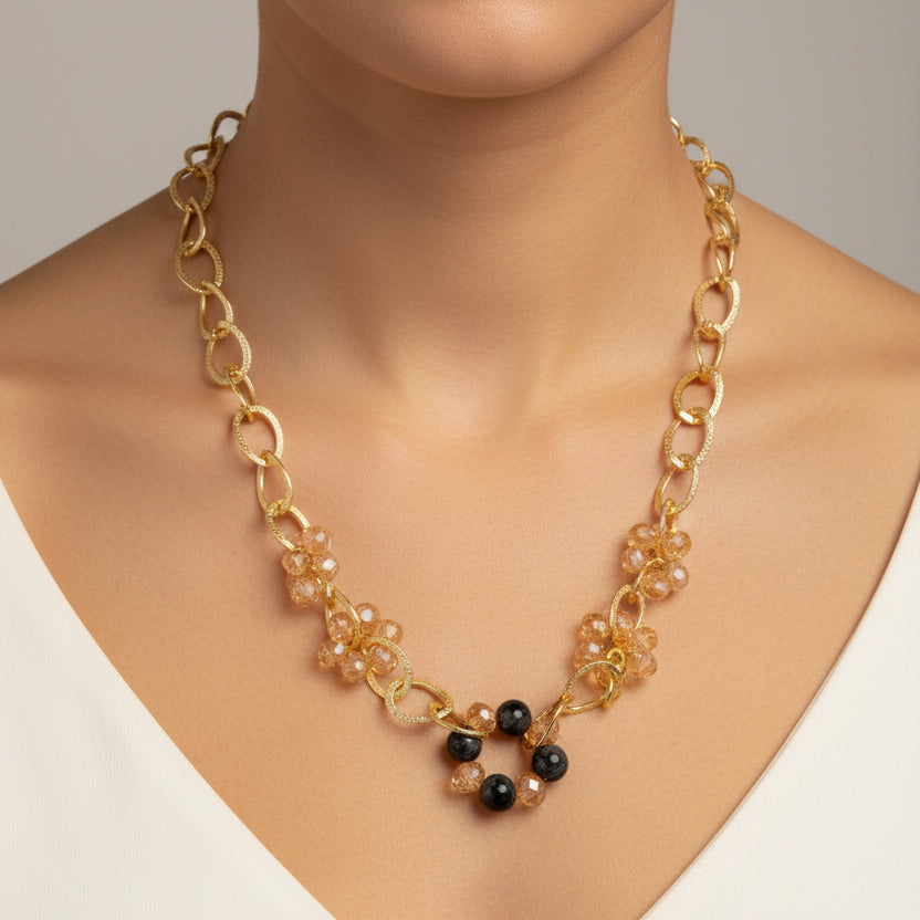 Collar Cristal y piedra natural / Chapa de Oro 14K