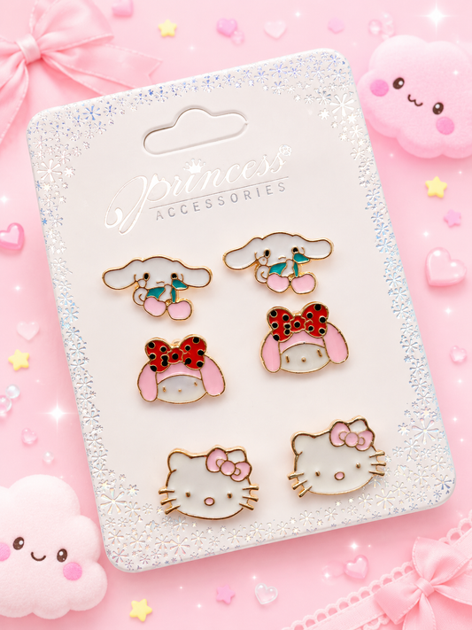 3 pares de aretes Hello Kitty y sus amigos