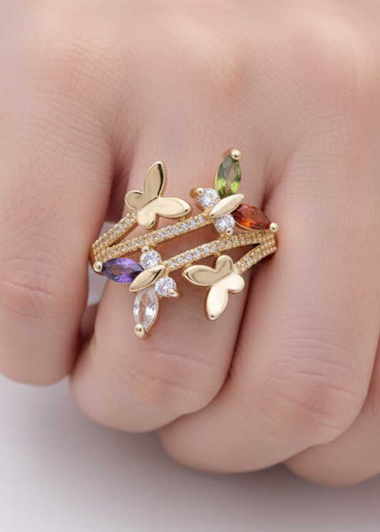 Anillo Mariposas Multicolor / Oro Laminado 18K